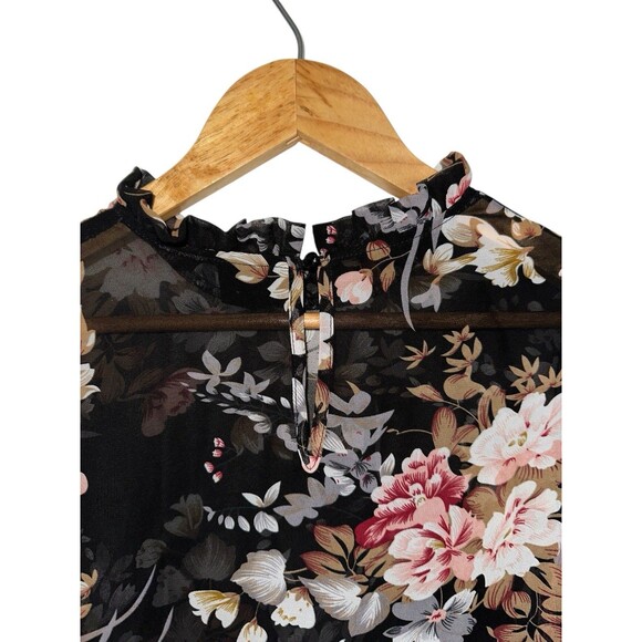 Womens Floral Sheer Blouse Black Long Sleeve Ruffle Neck Romantic Top Small - Picture 9 of 16